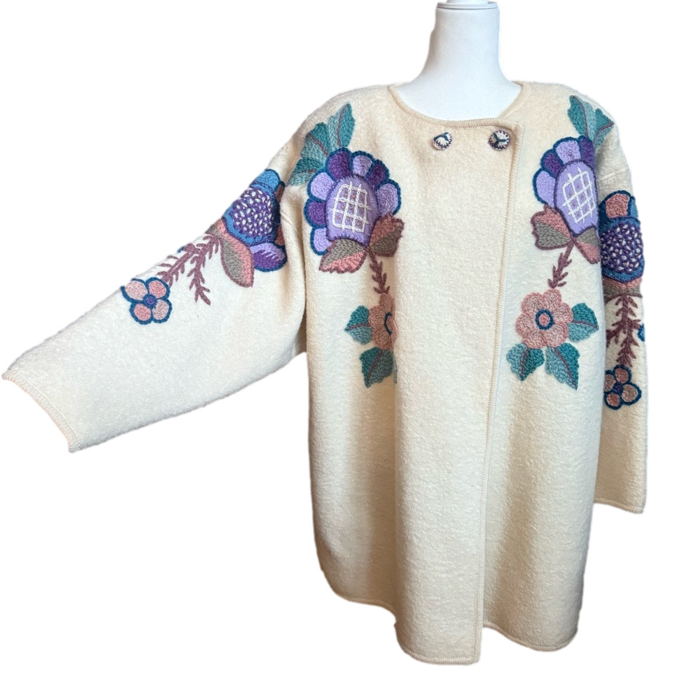 Vintage 80s S.S.G Catharine Lover Wool Floral Embroidered Car Coat Cloak Large